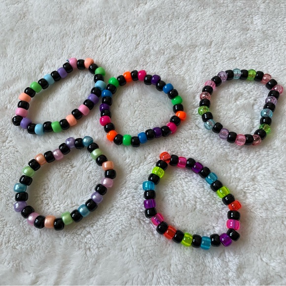 handmade Jewelry - Set of Five (5) Black Neon Rainbow Pastel Kandi Bead Bracelets